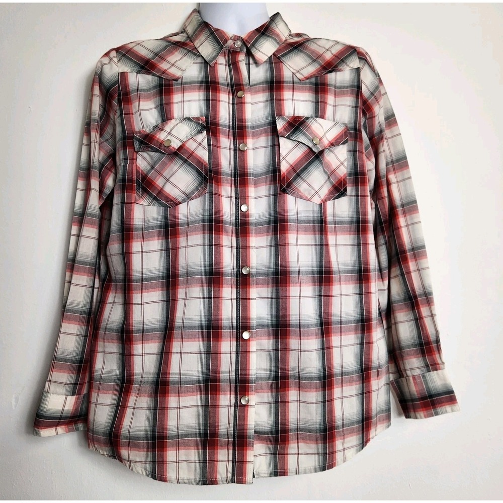 Wrangler Pearl Snap Western Plaid Shirt Womens Size Large Red White Cowboy Rodeo